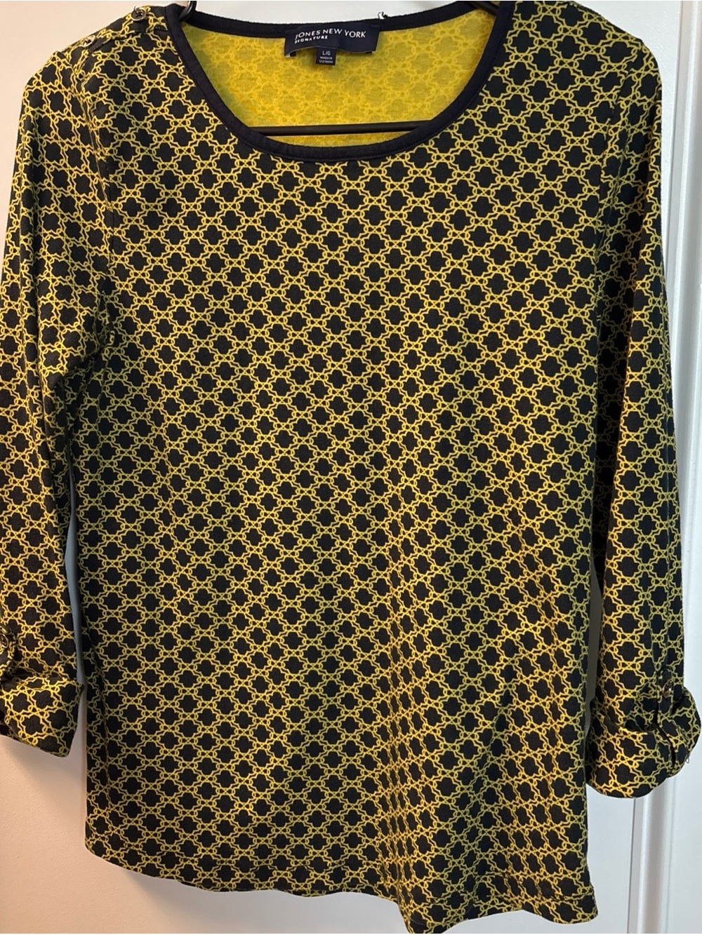 Jones New York Black and Yellow Geometric Knit Top
